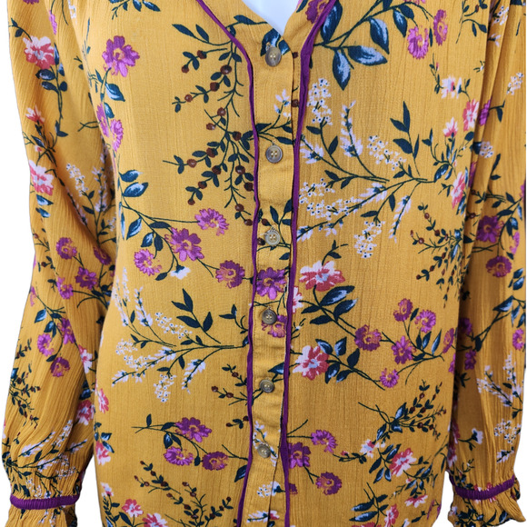 Kori American Womens Medium Gold Floral Print Button Up Blouse Balloon Sleeves - Picture 11 of 13